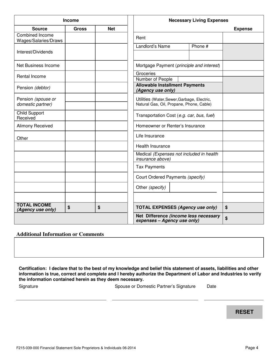 Form F215-039-000 Financial Statement Sole Proprietors and Individuals - Washington, Page 4