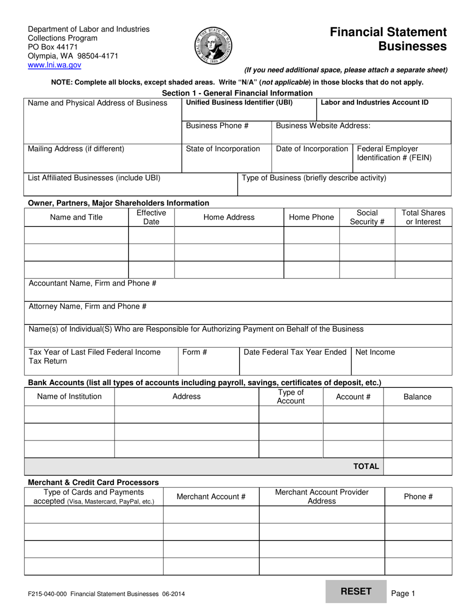 Form F215-040-000 Financial Statement Businesses - Washington, Page 1