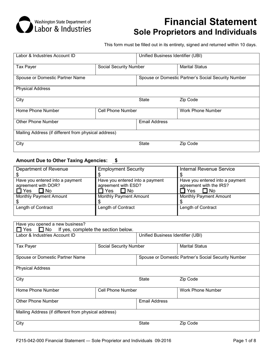 Form F215-042-000 Financial Statement - Sole Proprietor and Individuals - Washington, Page 1