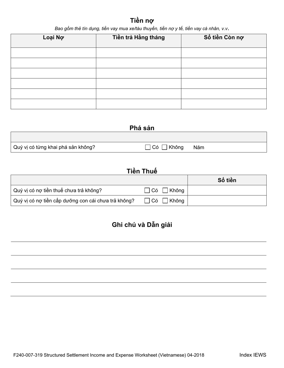 Form F240-007-319 Structured Settlement Income and Expense Worksheet - Washington (Vietnamese), Page 4