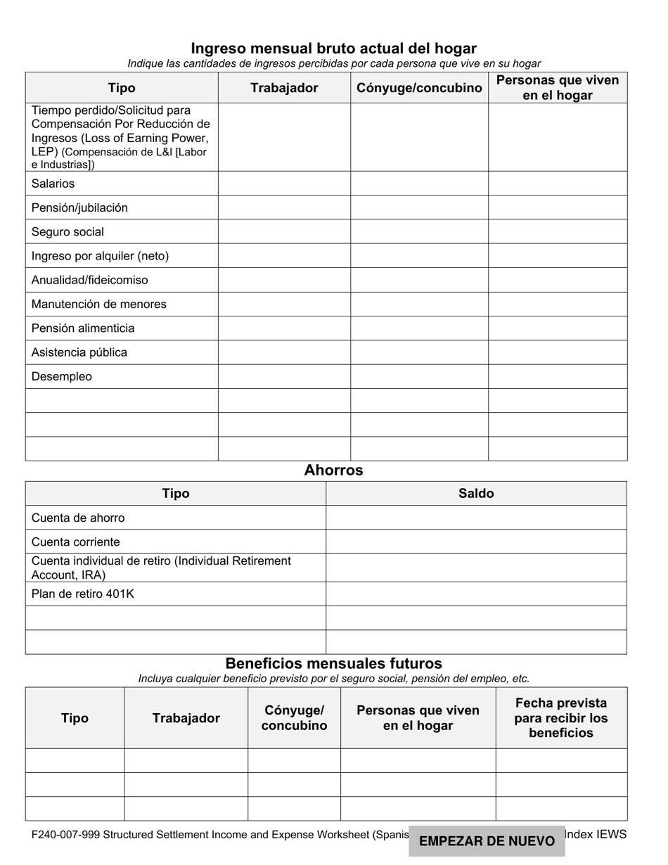 Formulario F240-007-999 Liquidacion Estructurada Planilla De Ingresos Y Gastos - Washington (Spanish), Page 2