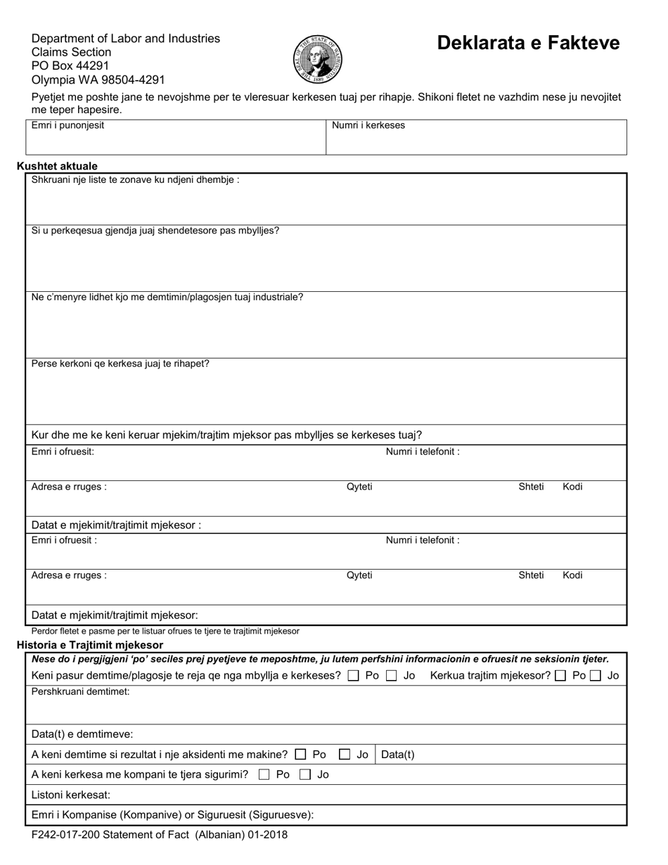 Form F242-017-200 Statement of Facts - Washington (Albanian), Page 1