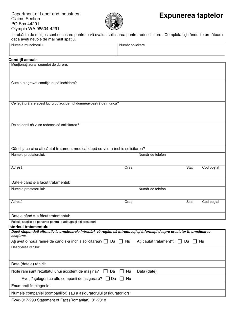 Form F242-017-293 Statement of Facts - Washington (Romanian), Page 1