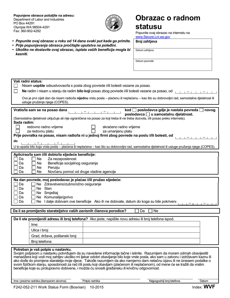 Form F242-052-211 Work Status Form - Washington (Bosnian), Page 1