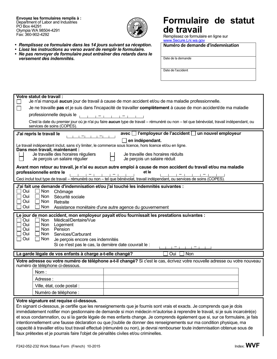 Form F242-052-232 Work Status Form - Washington (French), Page 1