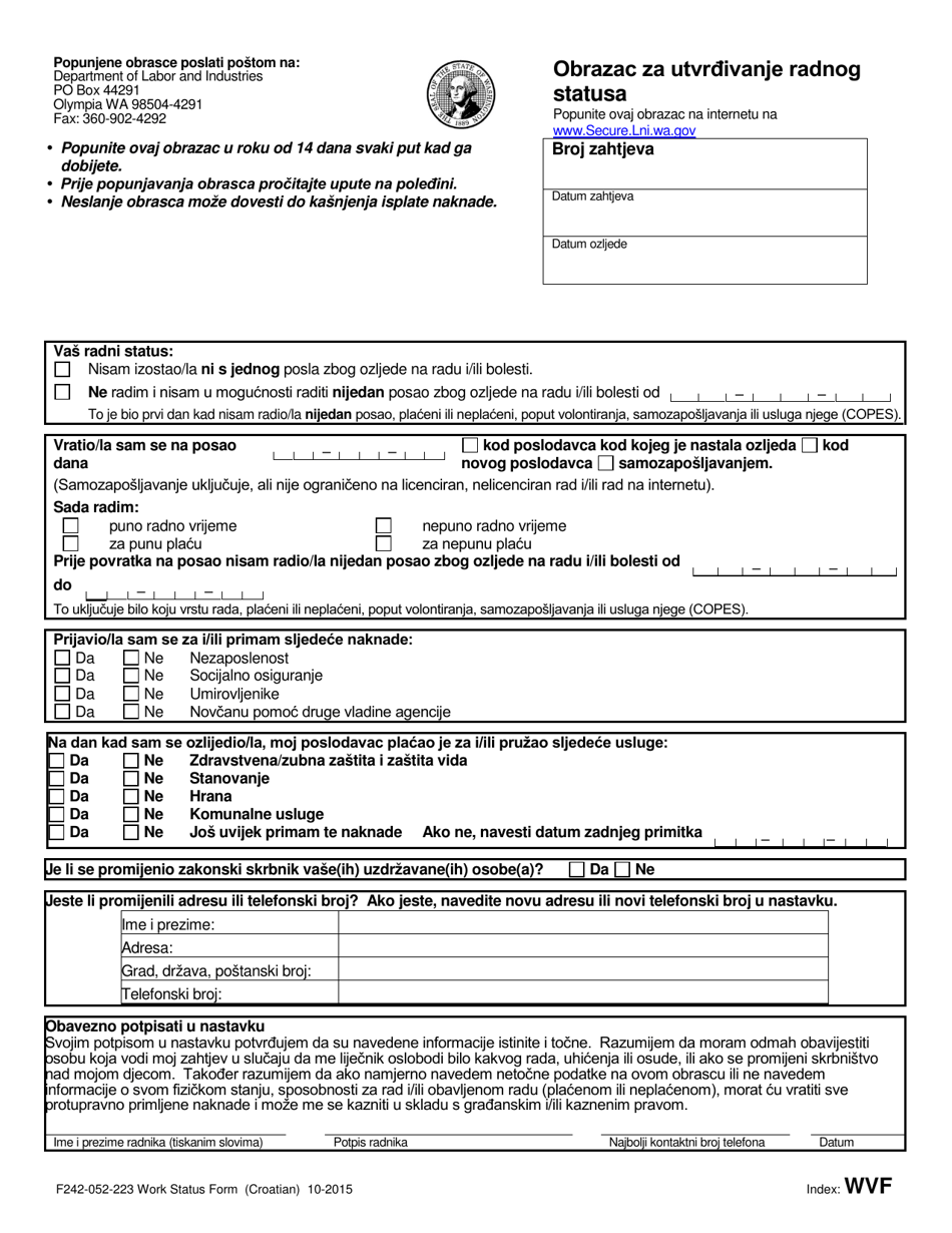 Form F242-052-223 Work Status Form - Washington (Croatian), Page 1