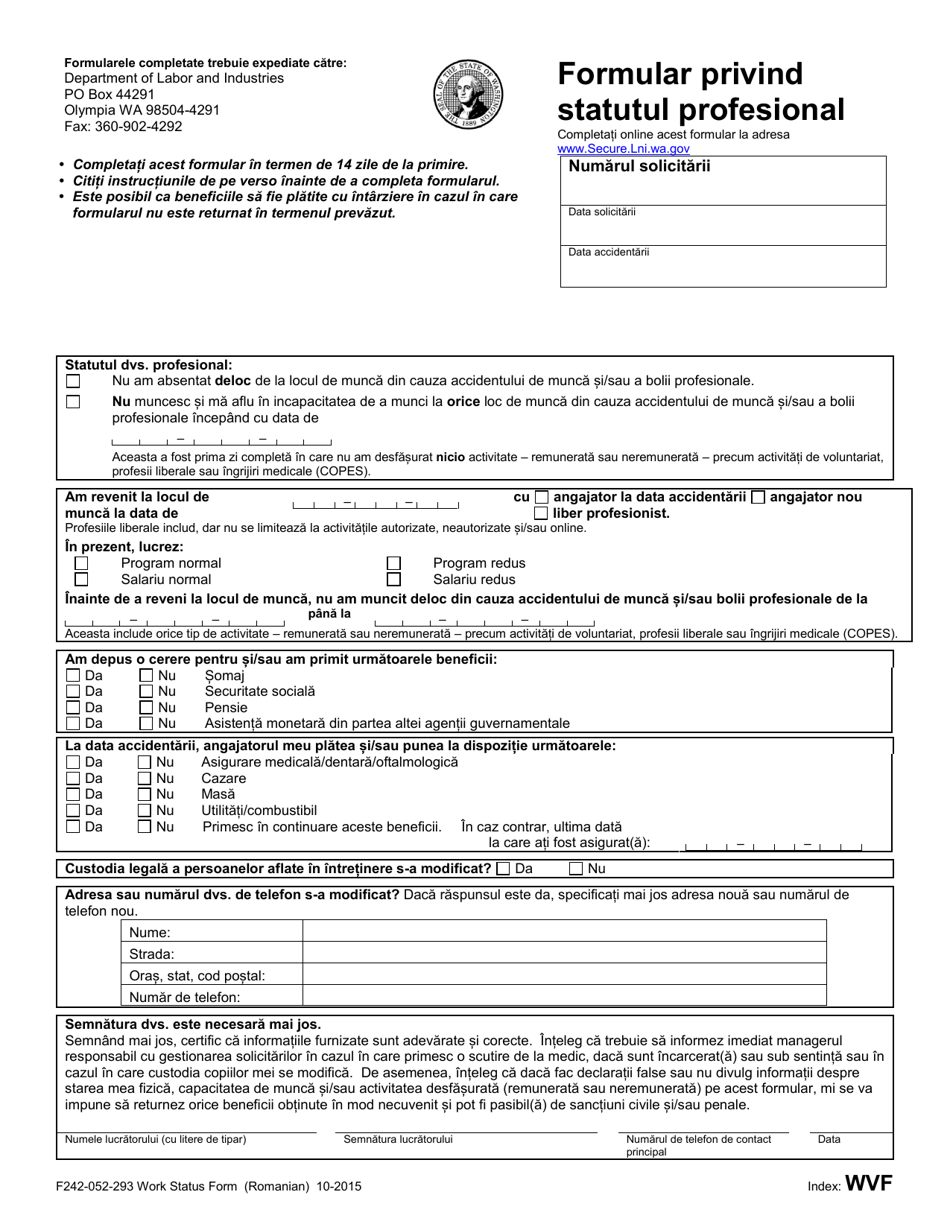 Form F242-052-293 Work Status Form - Washington (Romanian), Page 1