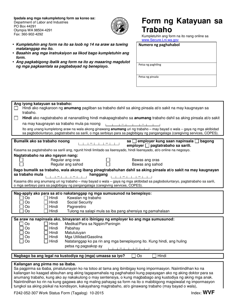 Form F242-052-307 Work Status Form - Washington (Tagalog), Page 1