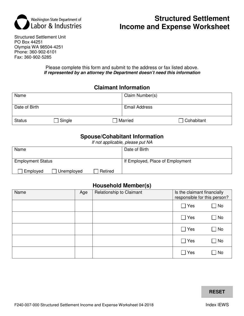 Form F240-007-000 Structured Settlement Income and Expense Worksheet - Washington, Page 1