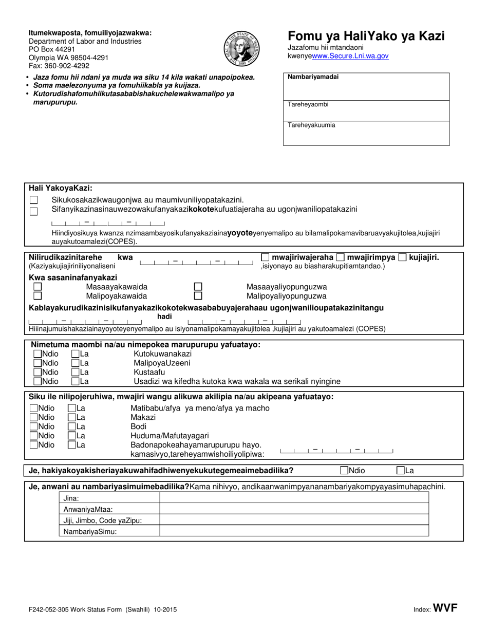 Form F242-052-305 Work Status Form - Washington (Swahili), Page 1