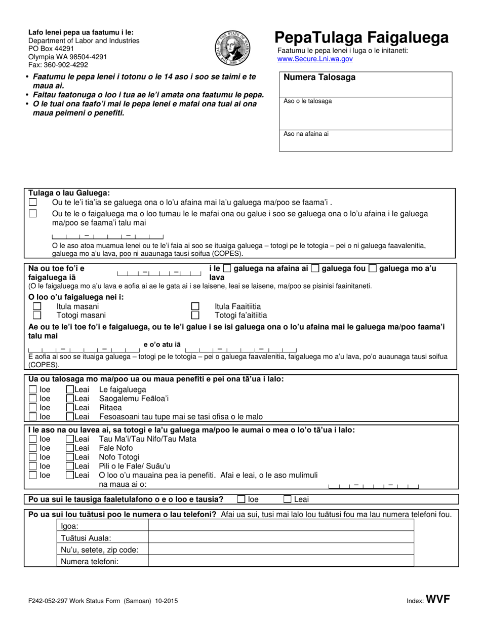 Form F242-052-297 Work Status Form - Washington (Samoan), Page 1