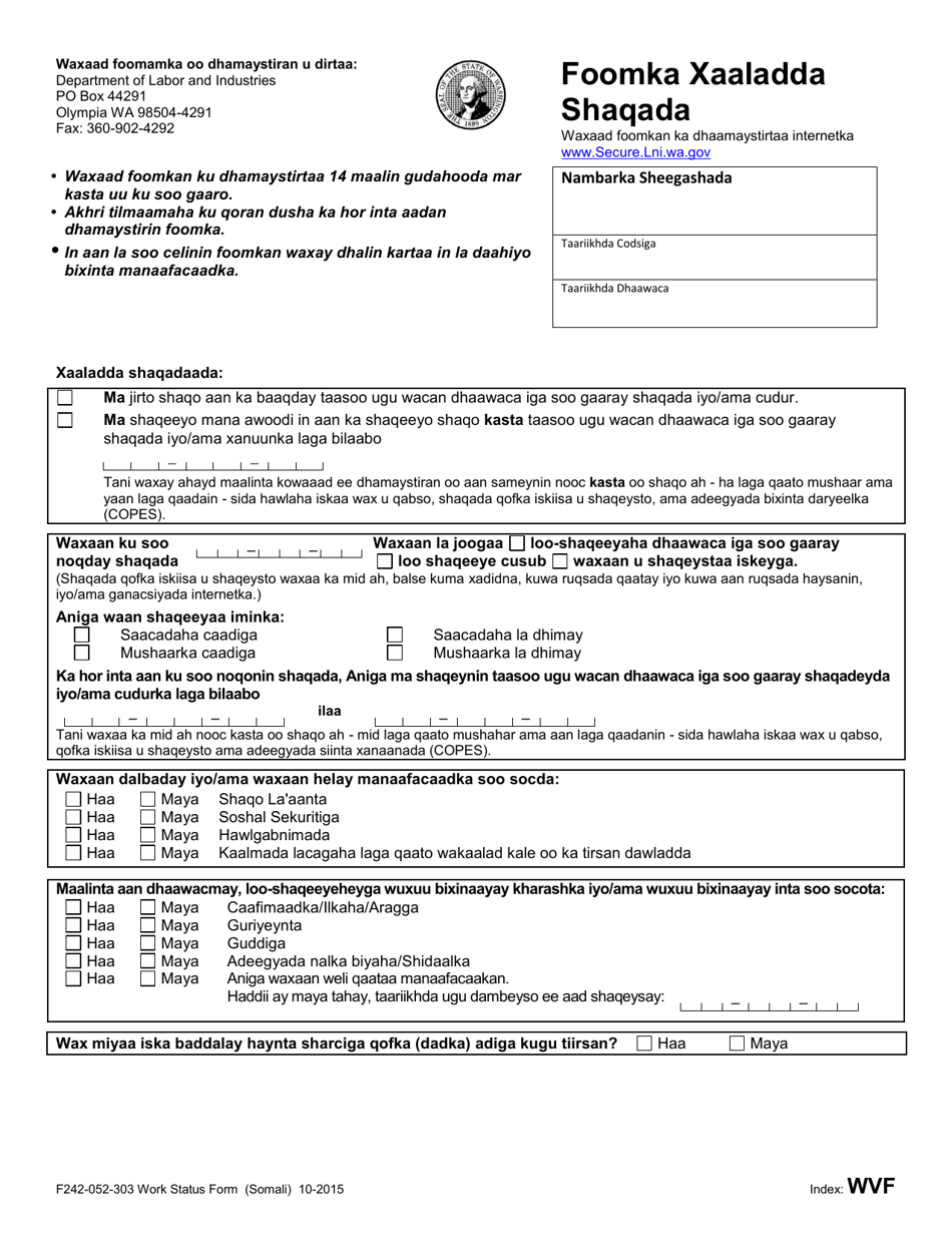 Form F242-052-303 Work Status Form - Washington (Somali), Page 1