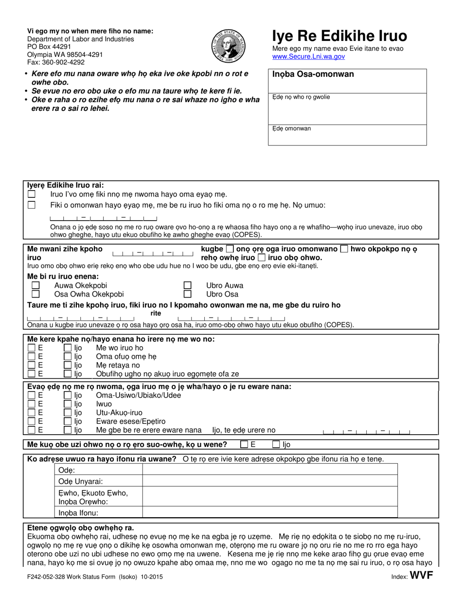 Form F242-052-328 Work Status Form - Washington (Isoko), Page 1