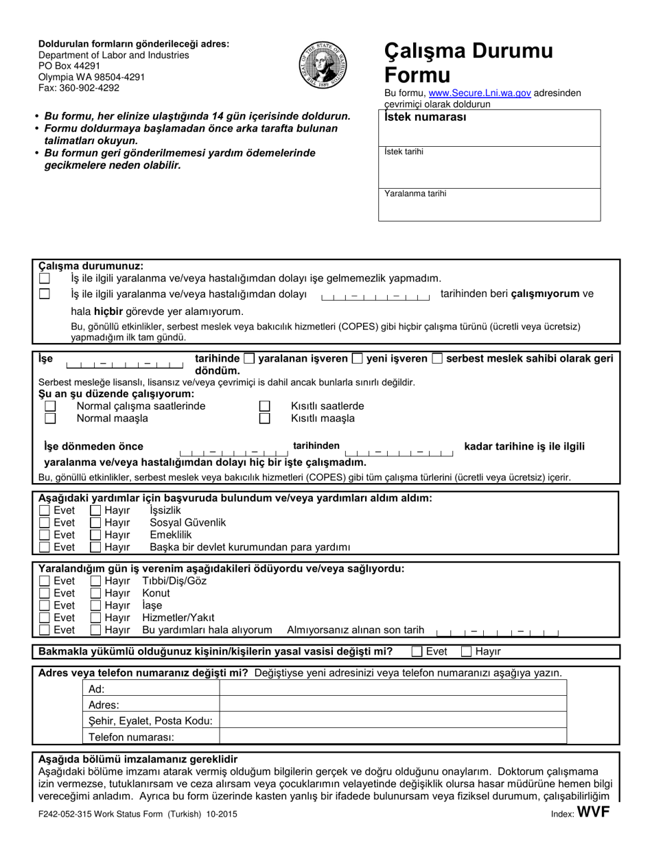 Form F242-052-315 Work Status Form - Washington (Turkish), Page 1