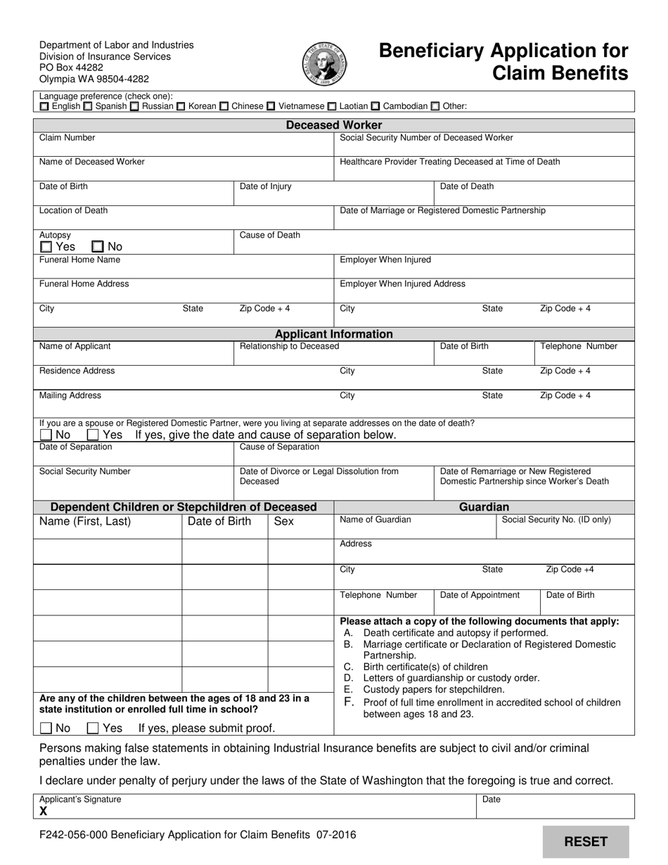 Form F242-056-000 Beneficiary Application for Claim Benefits - Washington, Page 1