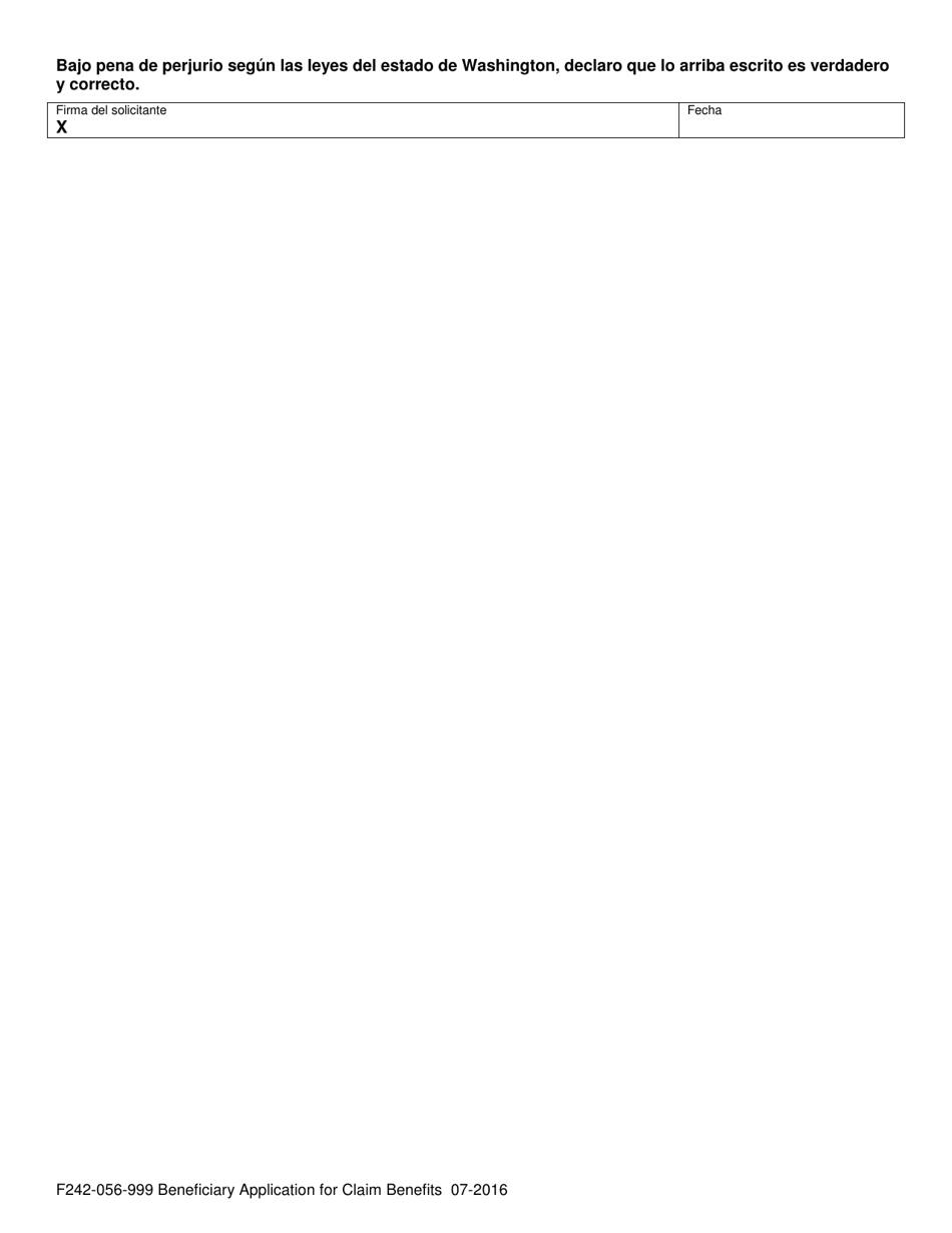 Formulario F242-056-999 Solicitud Del Beneficiario Para Beneficios De Reclamo - Washington (Spanish), Page 2