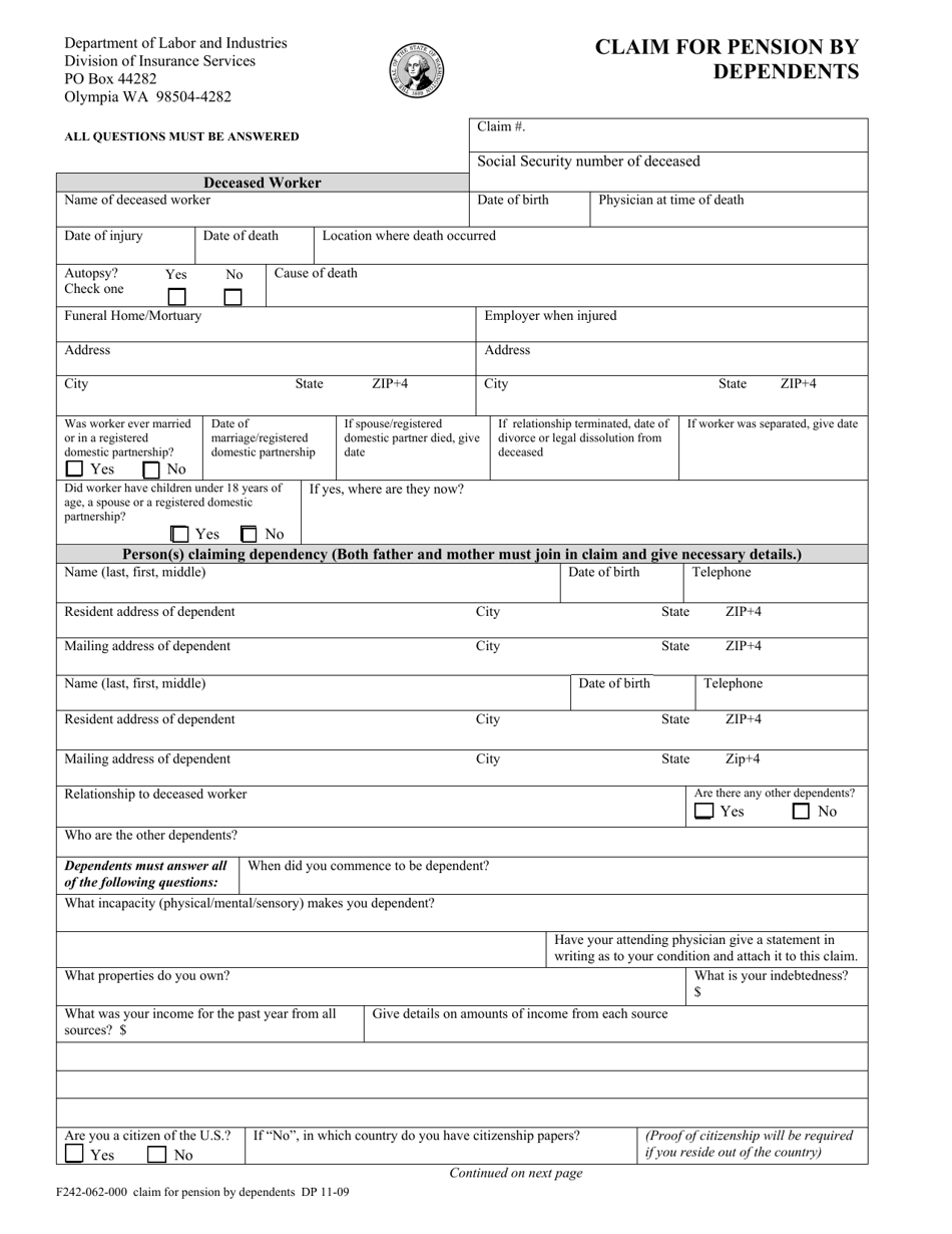 Form F242-062-000 Claim for Pension by Dependents - Washington, Page 1