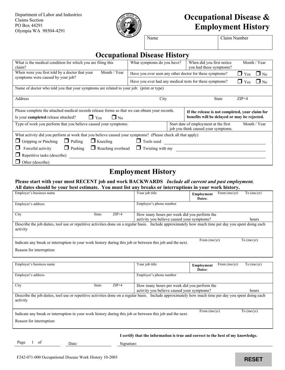 Form F242 071 000 Fill Out Sign Online And Download Fillable PDF   Form F 242 071 000 Occupational Disease And Employment History Washington Print Big 