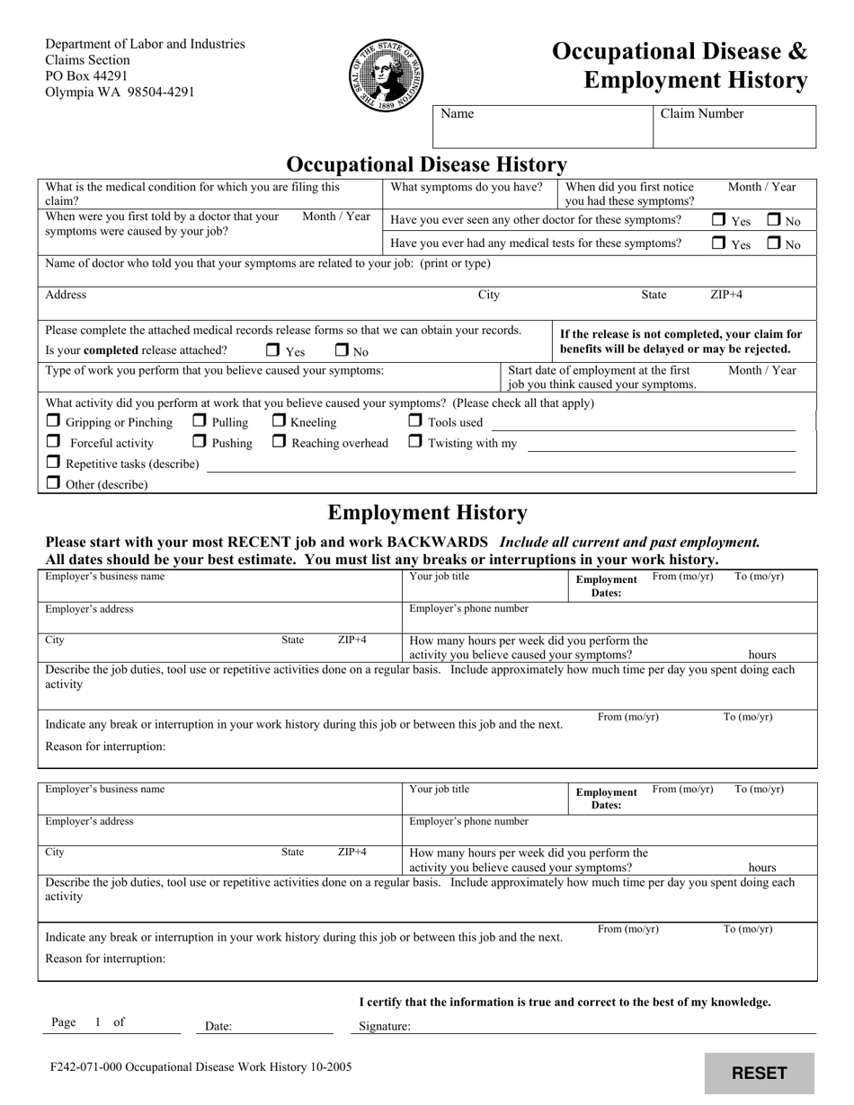 Form F242-071-000 Occupational Disease Work History - Washington, Page 1