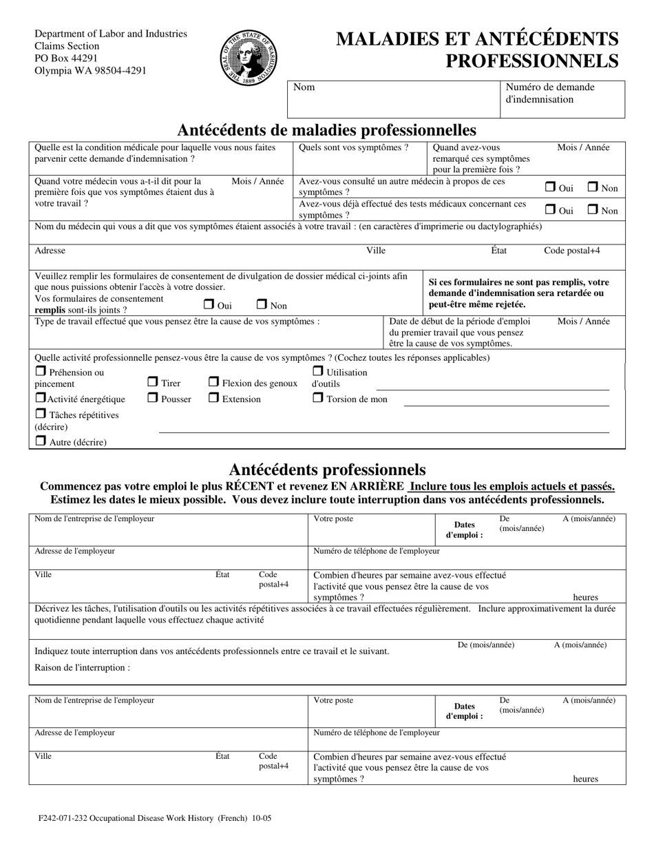 Form F242-071-232 Occupational Disease Work History - Washington (French), Page 1