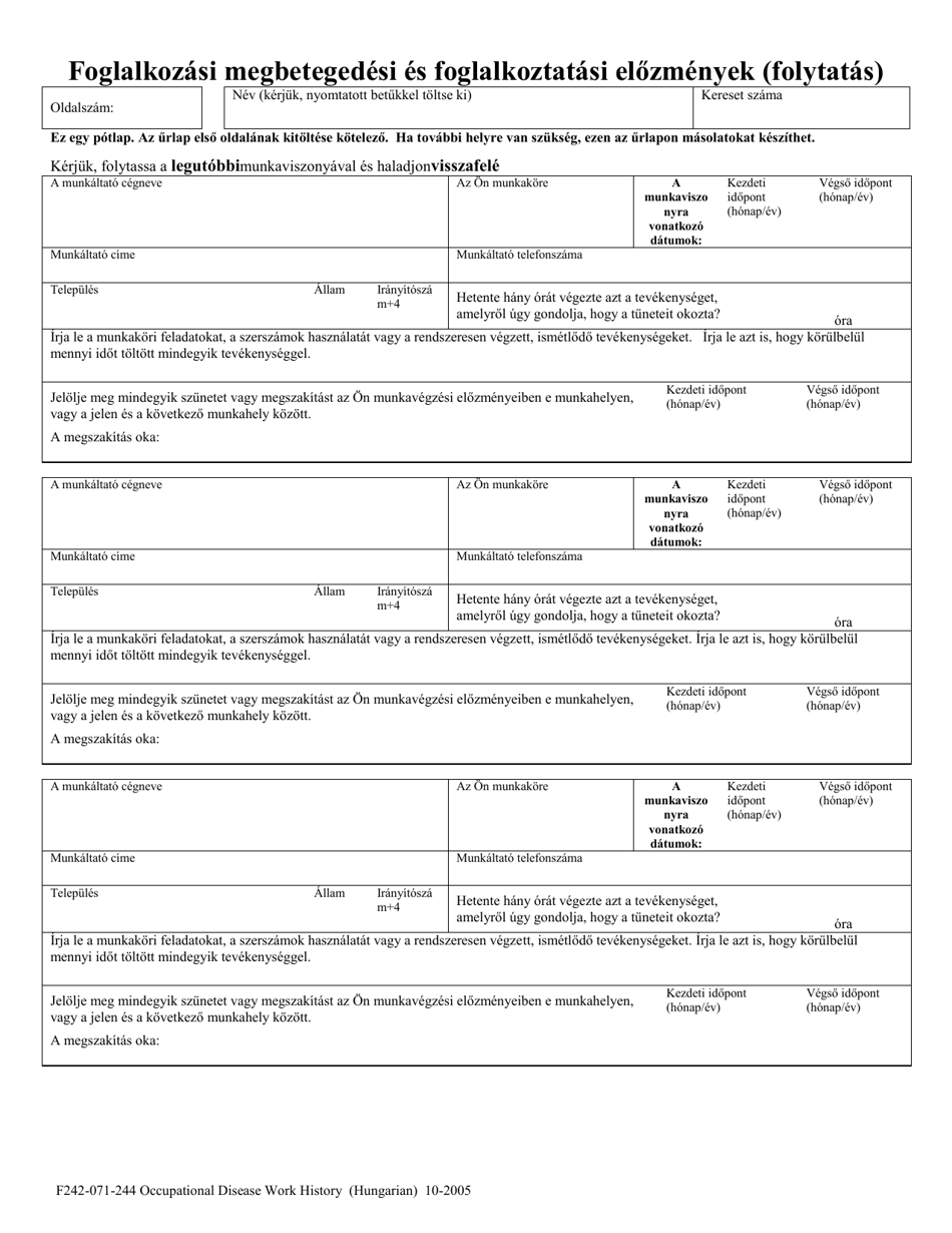 Form F242-071-244 Occupational Disease Work History - Washington (Hungarian), Page 3