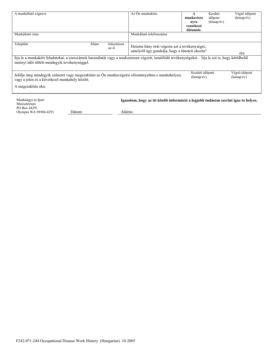 Form F242-071-244 Occupational Disease Work History - Washington (Hungarian), Page 4