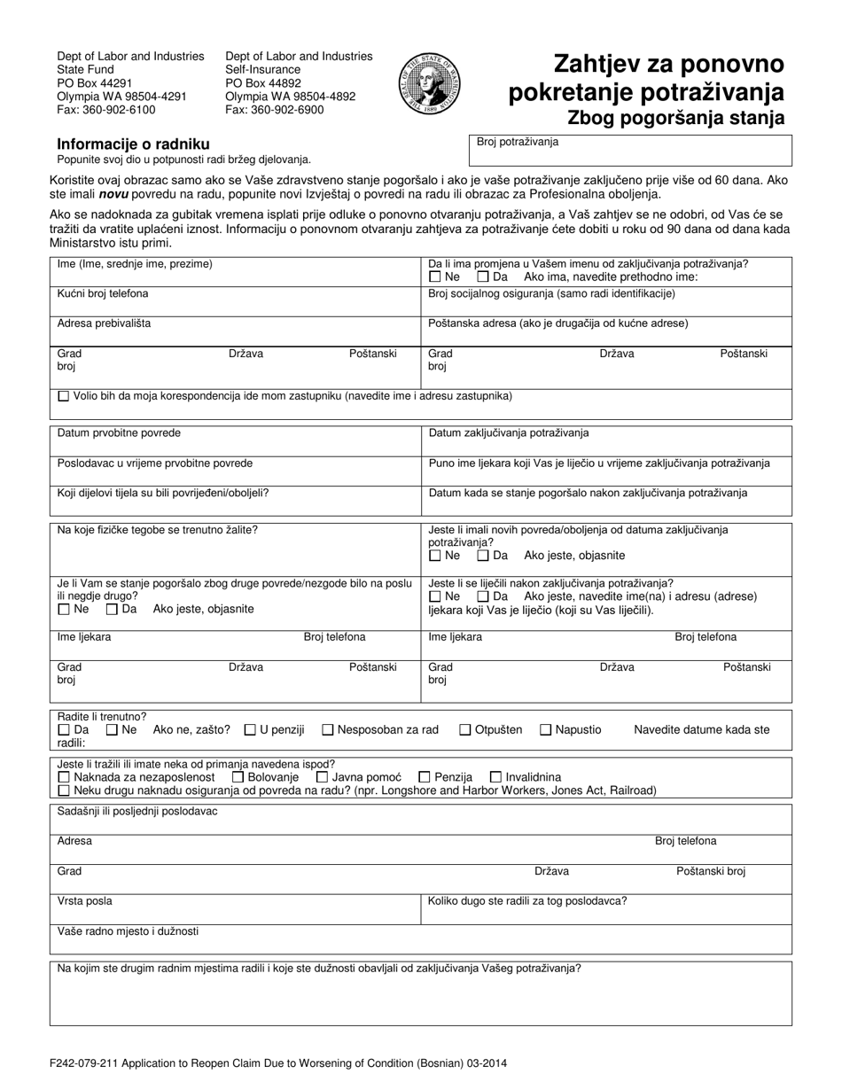 Form F242-079-211 Application to Reopen Claim Due to Worsening of Condition - Washington (English / Bosnian), Page 1