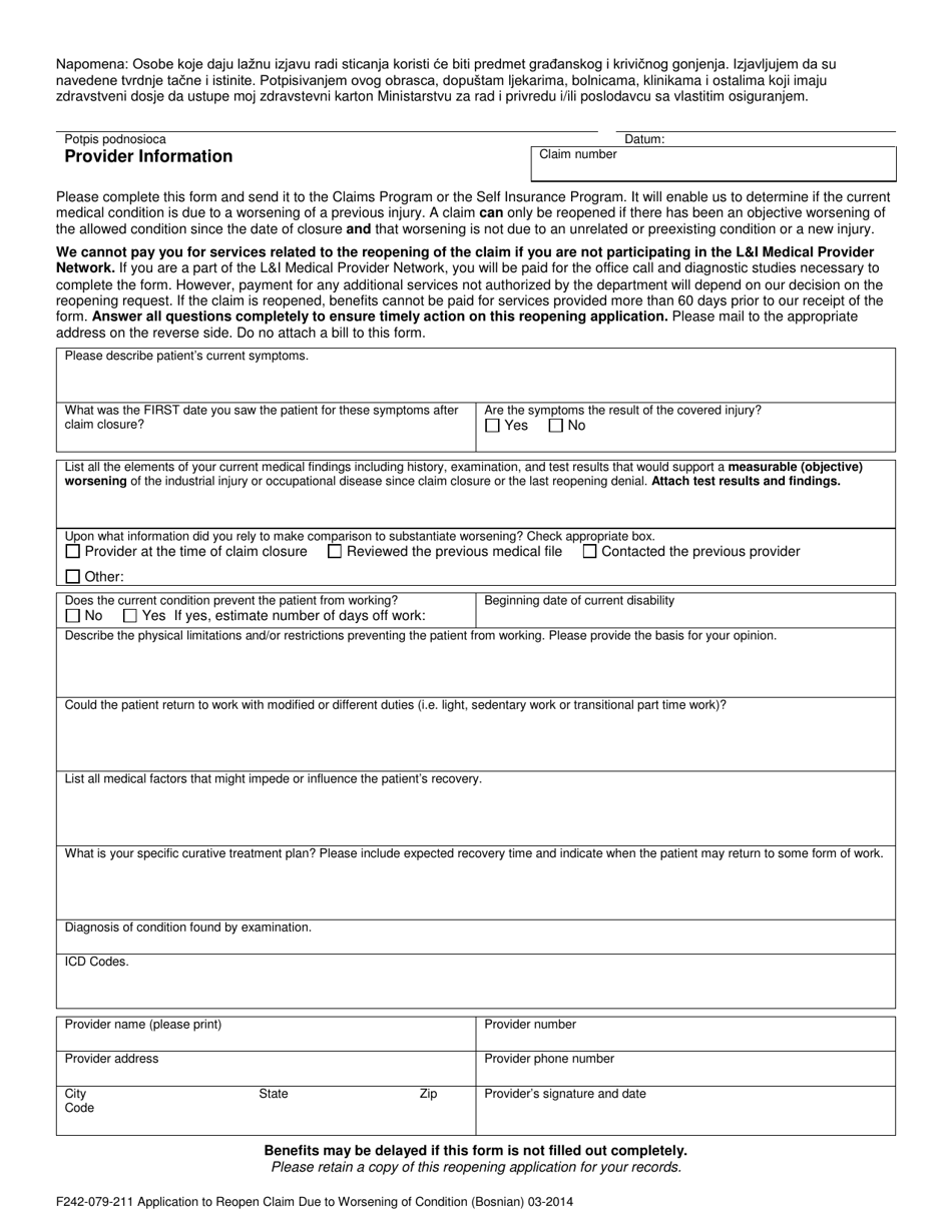 Form F242-079-211 Application to Reopen Claim Due to Worsening of Condition - Washington (English / Bosnian), Page 2
