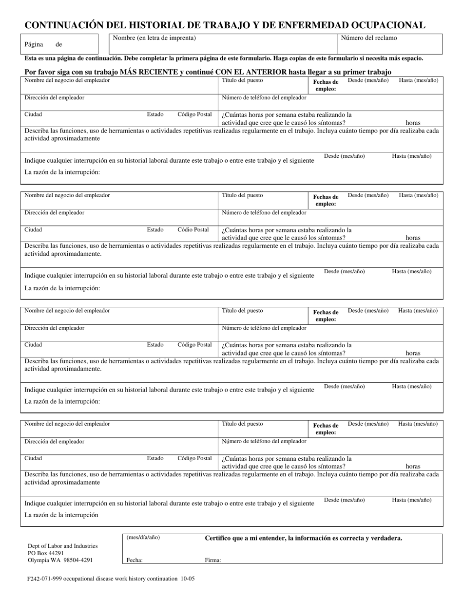 Formulario F242-071-999 Historial De Trabajo Y De Enfermedad Ocupacional - Washington (Spanish), Page 2