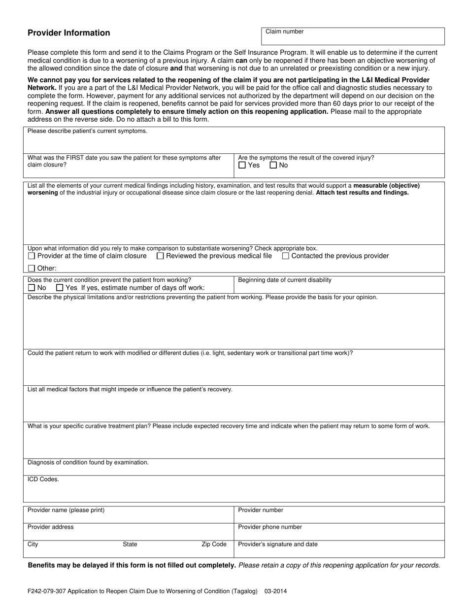 Form F242-079-307 Application to Reopen Claim Due to Worsening of Condition - Washington (English / Tagalog), Page 3