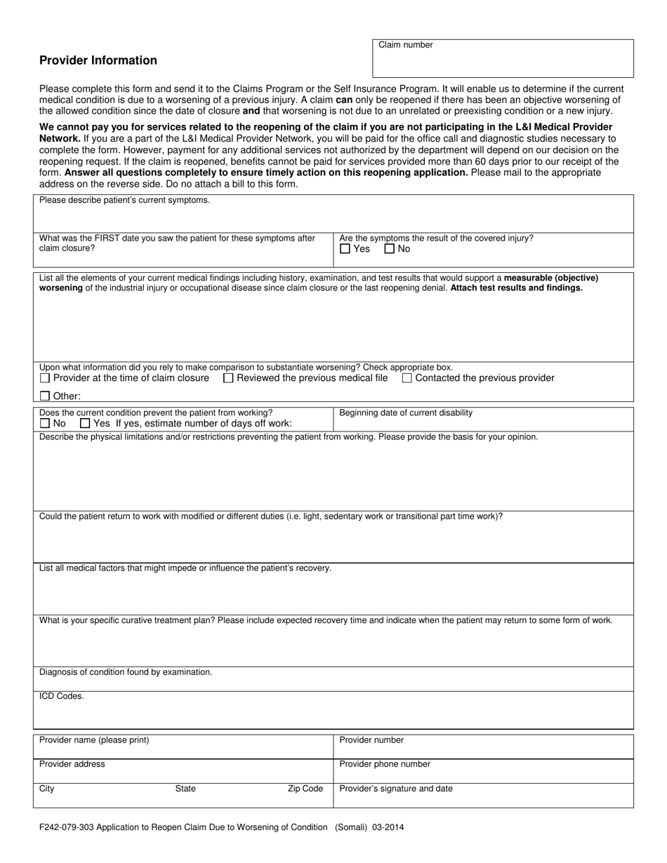 Form F242-079-303 Application to Reopen Claim Due to Worsening of Condition - Washington (English / Somali), Page 3