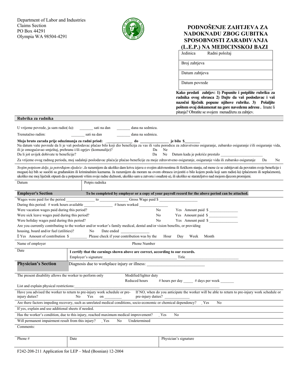Form F242-208-211 Application for Loss of Earning Power (Lep) - Compensation Medical - Washington (English / Bosnian), Page 1