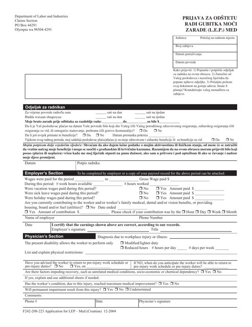 Form F242-208-223 Application for Loss of Earning Power (Lep) - Compensation Medical - Washington (English/Croatian)