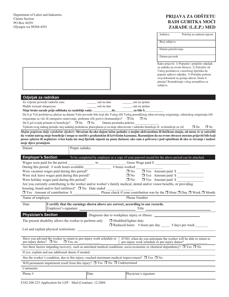 Form F242-208-223 Application for Loss of Earning Power (Lep) - Compensation Medical - Washington (English / Croatian), Page 1