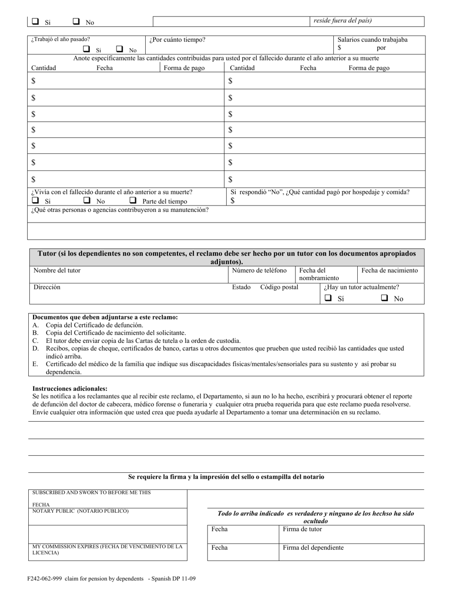 Formulario F242-062-999 Reclamo Para Beneficios De Pension Presentado Por Los Dependientes - Washington (Spanish), Page 2
