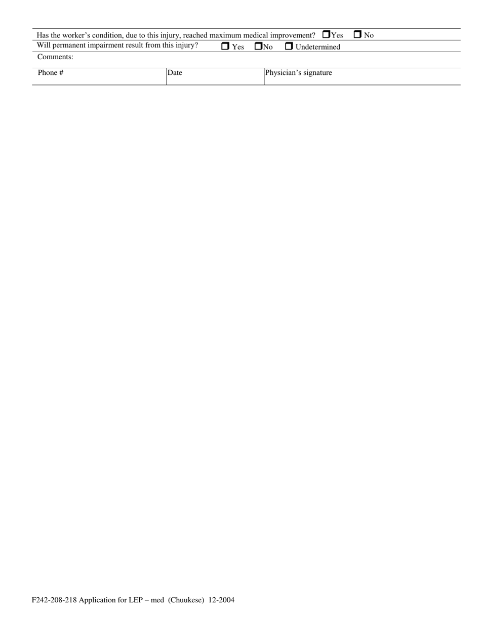 Form F242-208-214 Application for Loss of Earning Power (Lep) - Compensation Medical - Washington (English / Chuukese), Page 2
