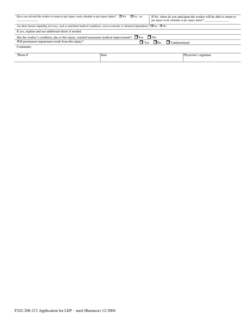 Form F242-208-213 Application for Loss of Earning Power (Lep) - Compensation Medical - Washington (English / Burmese), Page 2