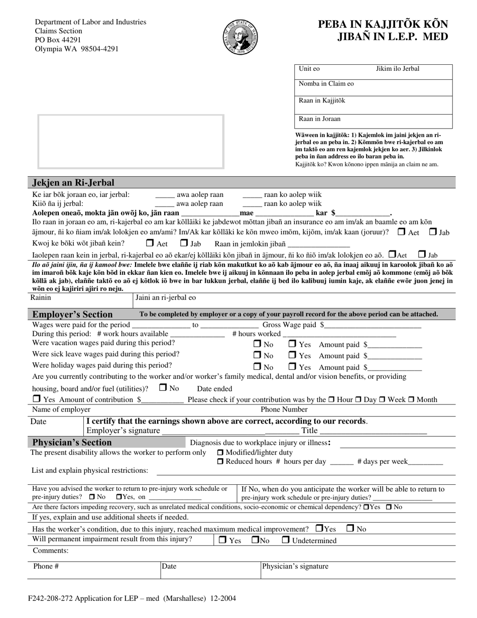 Form F242-208-272 Application for Loss of Earning Power (Lep) - Compensation Medical - Washington (English / Marshallese), Page 1