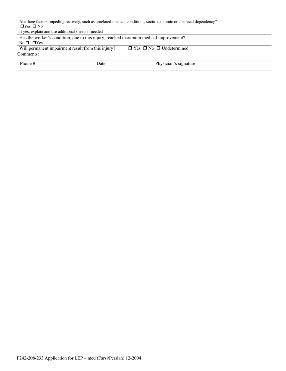 Form F242-208-233 Application for Loss of Earning Power (Lep) - Compensation Medical - Washington (English / Farsi), Page 2