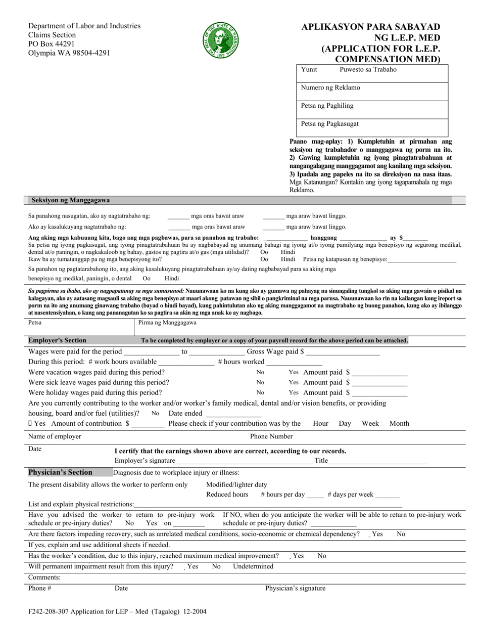 Form F242-208-307 Application for Loss of Earning Power (Lep) - Compensation Medical - Washington (English / Tagalog), Page 1