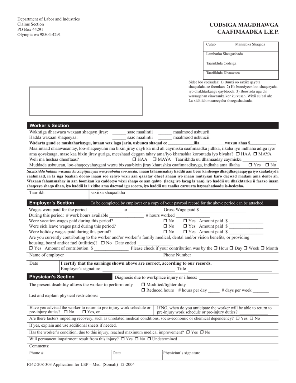 Form F242-208-303 Application for Loss of Earning Power (Lep) - Compensation Medical - Washington (English / Somali), Page 1