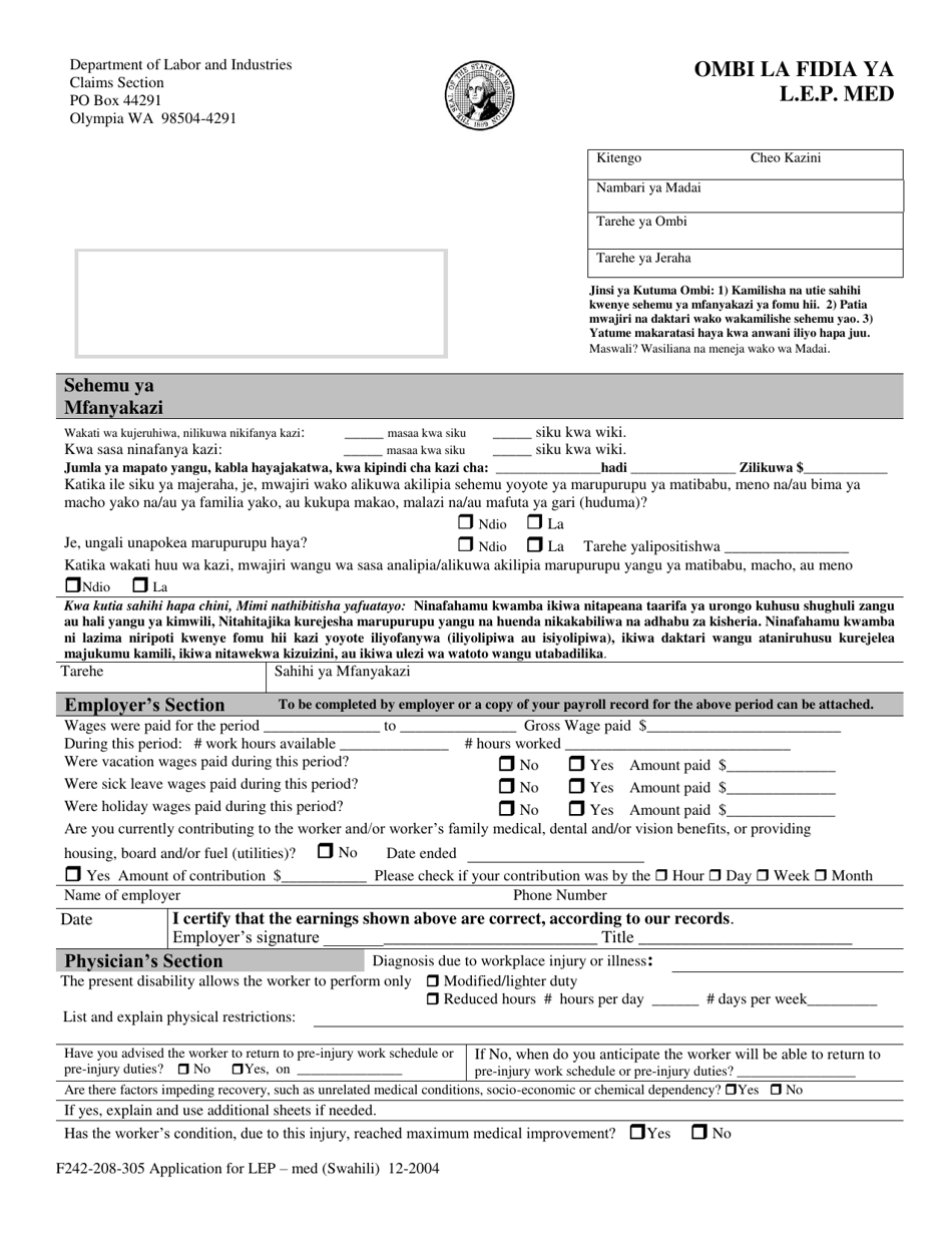 Form F242-208-305 Application for Loss of Earning Power (Lep) - Compensation Medical - Washington (English / Swahili), Page 1