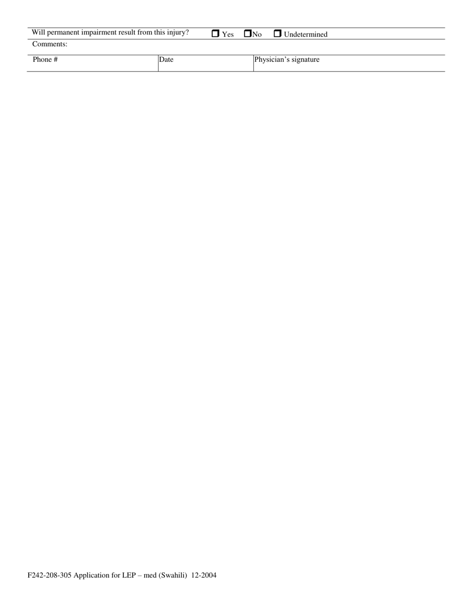 Form F242-208-305 Application for Loss of Earning Power (Lep) - Compensation Medical - Washington (English / Swahili), Page 2
