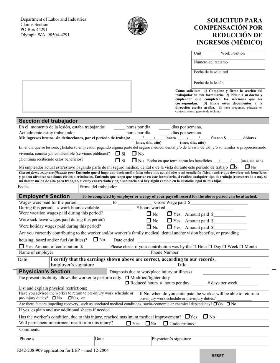 Form F242-208-909 Solicitud Para Compensacion Por Reduccion De Ingresos (Medico) - Washington, Page 1