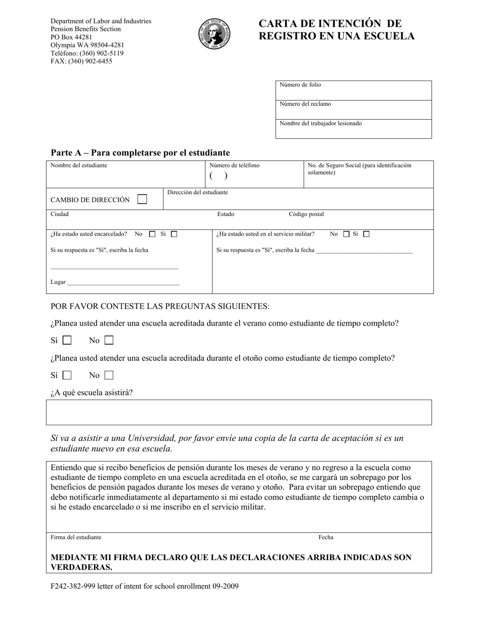 Formulario F242-382-999 Carta De Intencion De Registro En Una Escuela - Washington (Spanish), Page 1