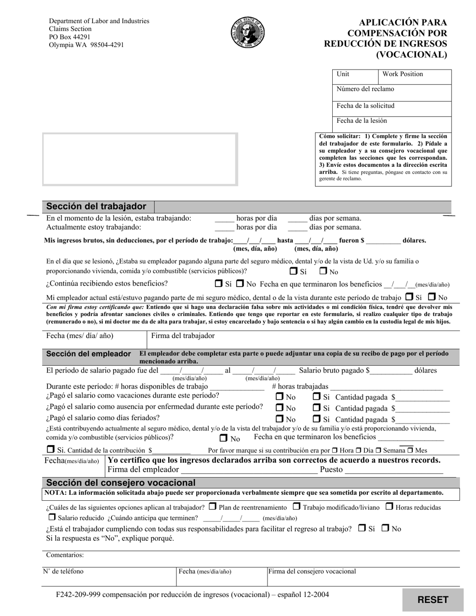 Formulario F242-209-999 Aplicacion Para Compensacion Por Reduccion De Ingresos (Vocacional) - Washington (Spanish), Page 1