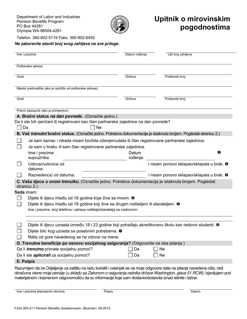 Form F242-393-211 Pension Benefits Questionnaire - Washington (Bosnian), Page 1