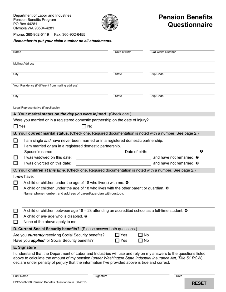 Form F242-393-000 Pension Benefits Questionnaire - Washington, Page 1