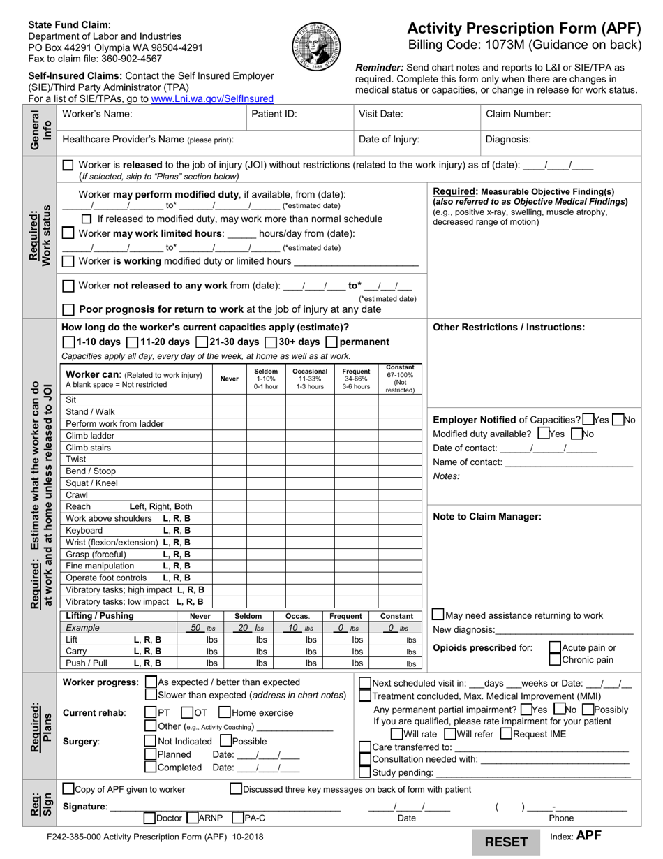 Form F242-385-000 Activity Prescription Form (Apf) - Washington, Page 1