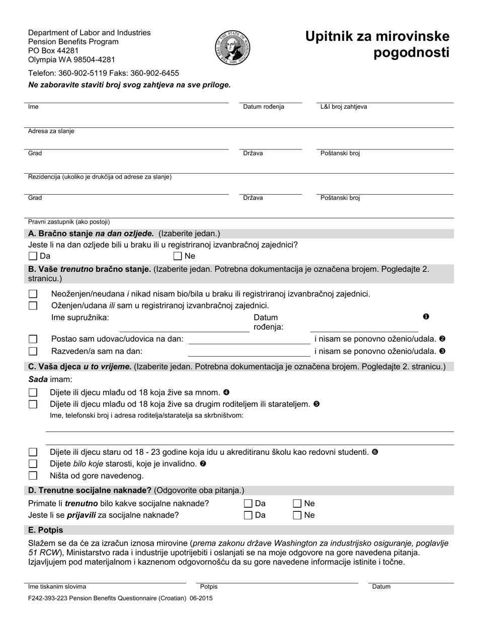 Form F242-393-223 Pension Benefits Questionnaire - Washington (Croatian), Page 1